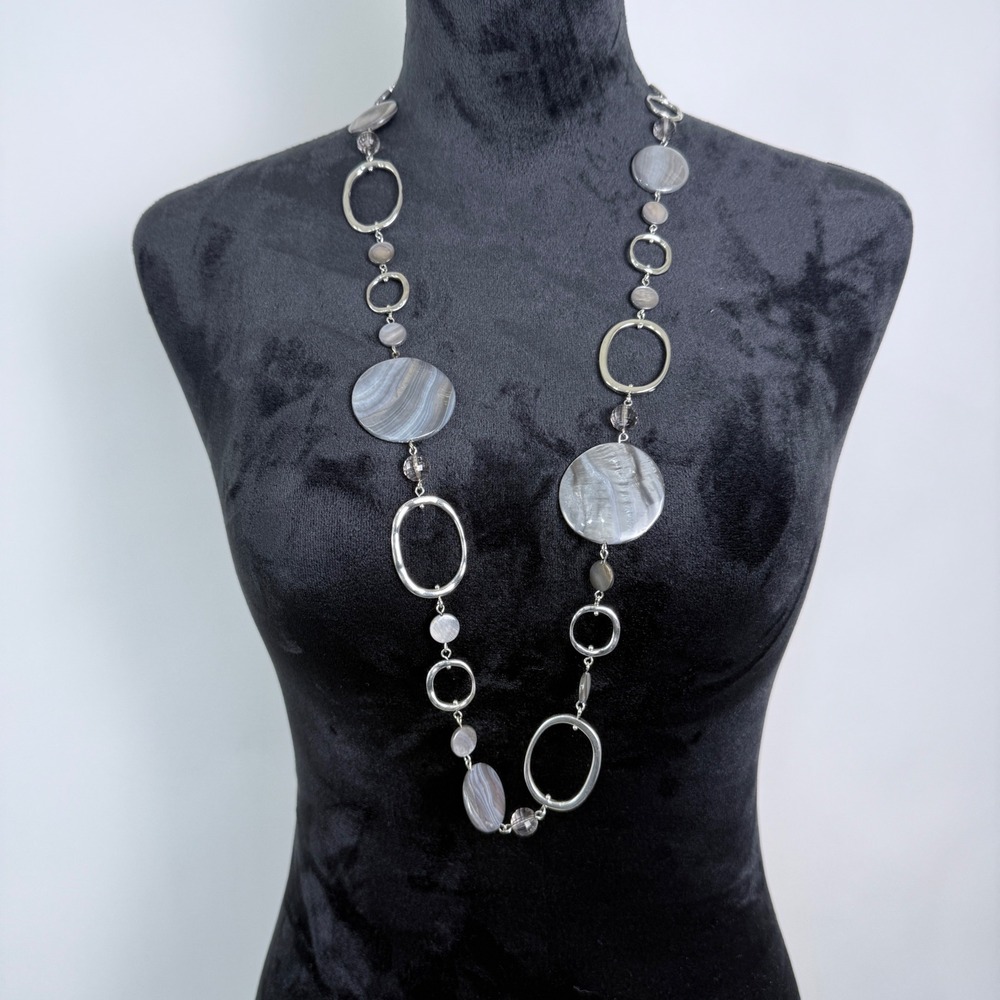 Lia Sophia "Bungalow" Silver Tone Long Statement Necklace Shell-Look Discs Links